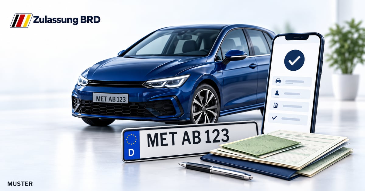 Online Fahrzeugzulassung in Bad Neustadt a.d.Saale: Musterkennzeichen MET AB 123, Auto und Fahrzeugpapiere und Smartphone. Illustration mit Logo von Zulassung BRD.